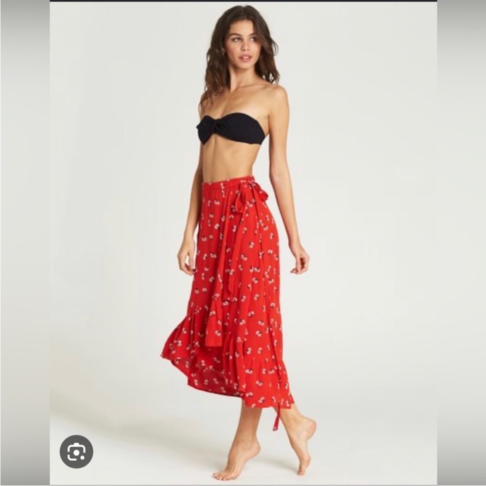 Billabong Dancing Till Dawn Red Floral Midi Wrap Skirt Size Medium